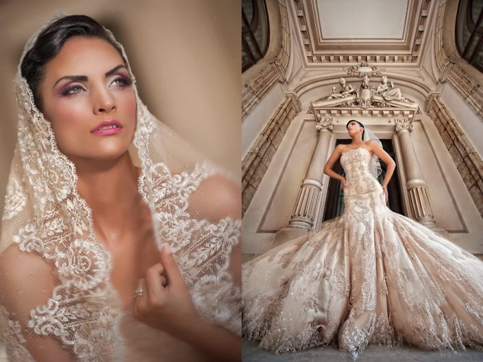 Portret de mireasă cu voal și rochie de nuntă, pe scările unui palat
