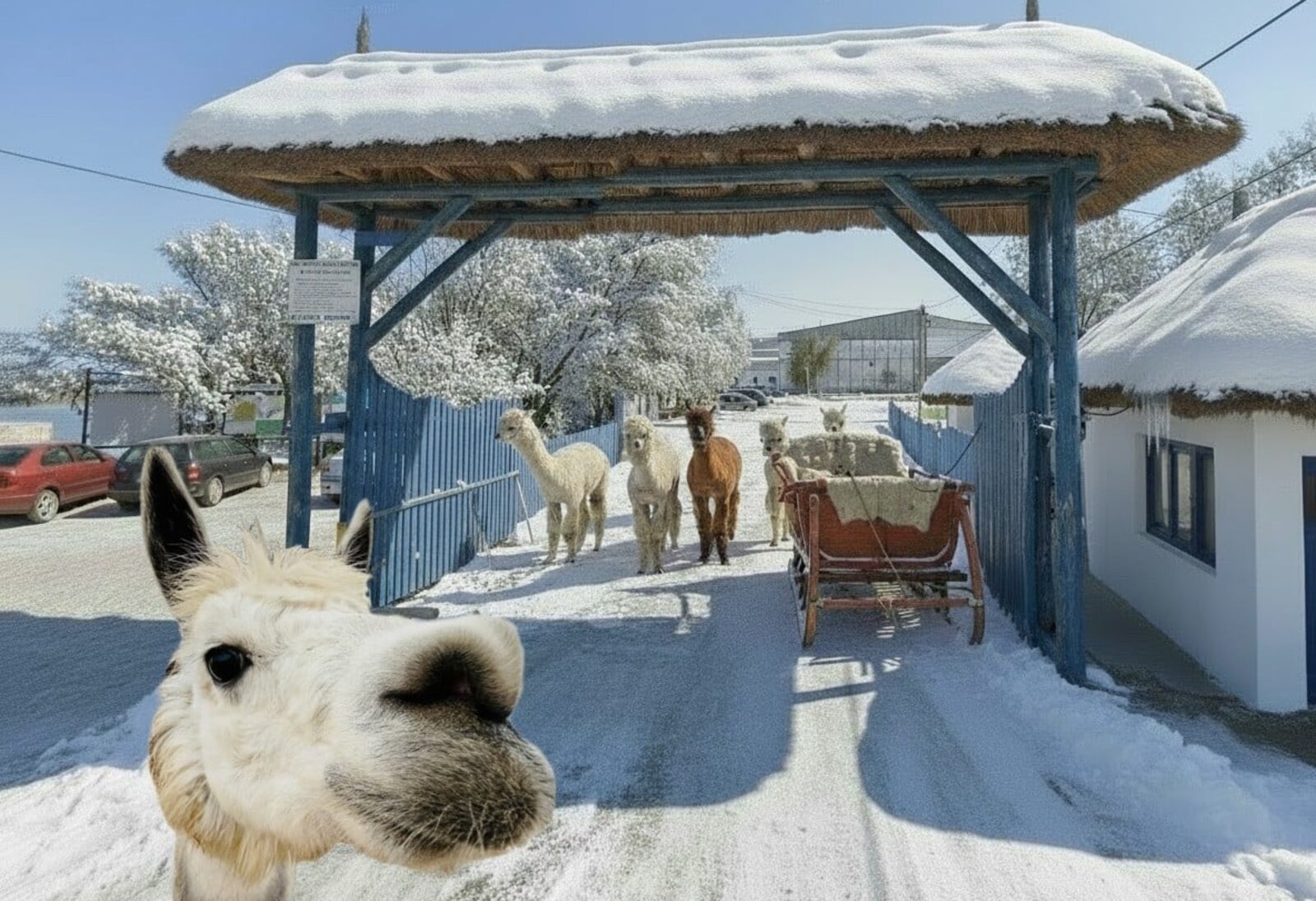 Alpacale și un măgăruș curios la poarta înzăpezită a Fermei Lipovenesc din Jurilovca, iarna